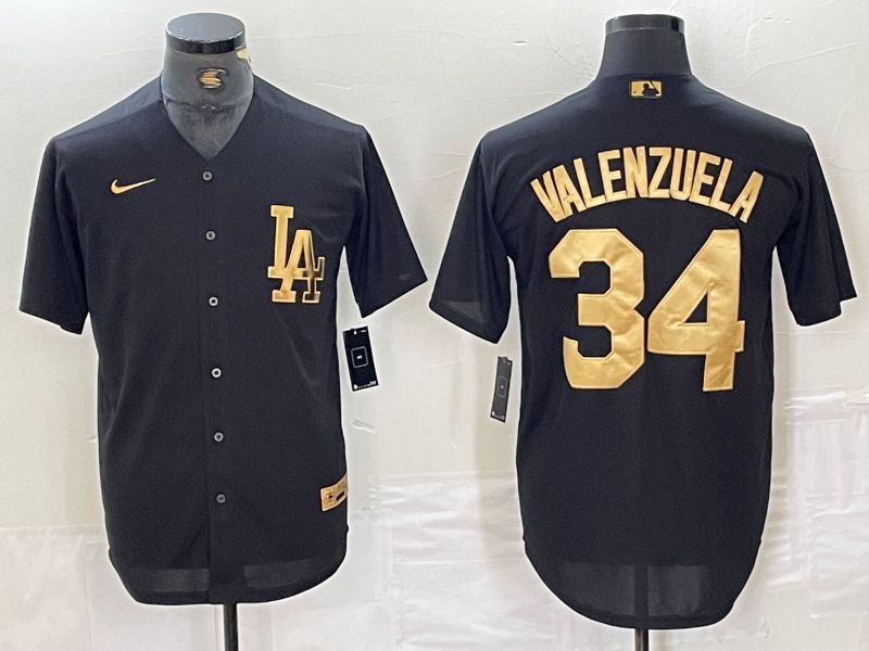 Men Los Angeles Dodgers 34 Valenzuela Black gold #4 th generation Nike 2024 MLB Jersey style 1